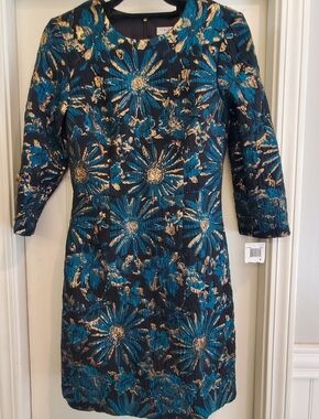 New With Tags Trina Turk Teal, Gold & Black Floral Brocade Dress Size 6